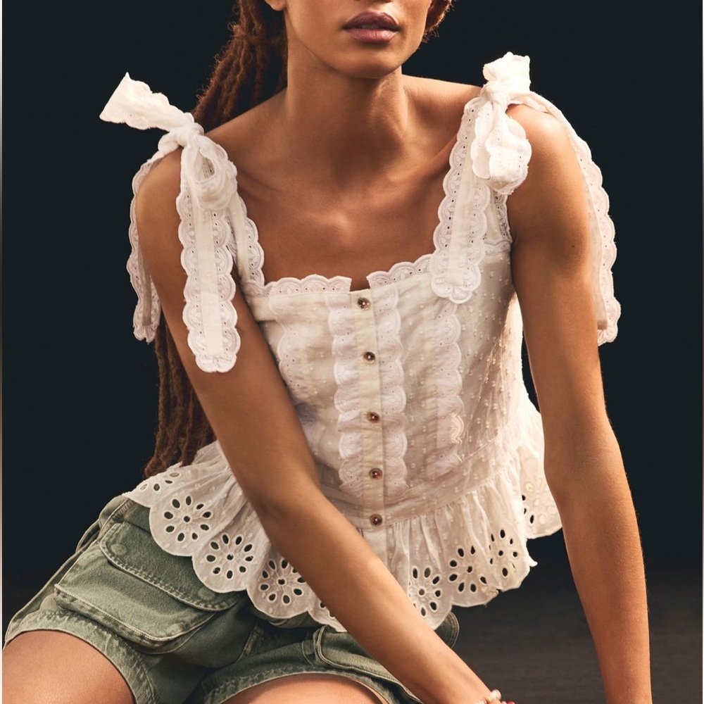 Farm Rio White Eyelet Lace Babydoll Tank Top Blouse Ruffles Peplum Medium